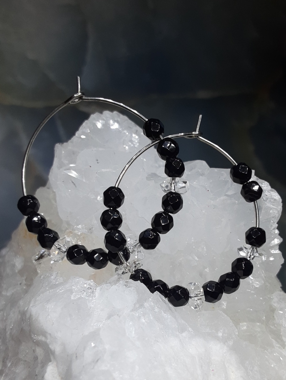 Stainless Steel, Herkimer Diamond Quartz, Black Spinel Hoops. PRICE IS FIRM.